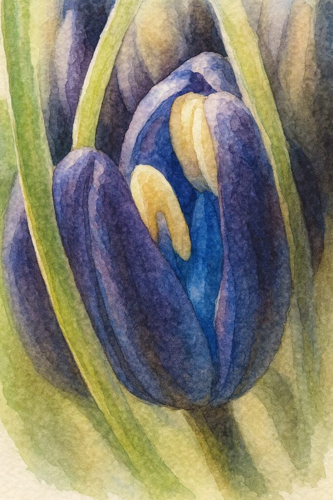 シラーペルビアナのつぼみ内部の雄しべと花弁を精密に描いた水彩画風の植物イラスト