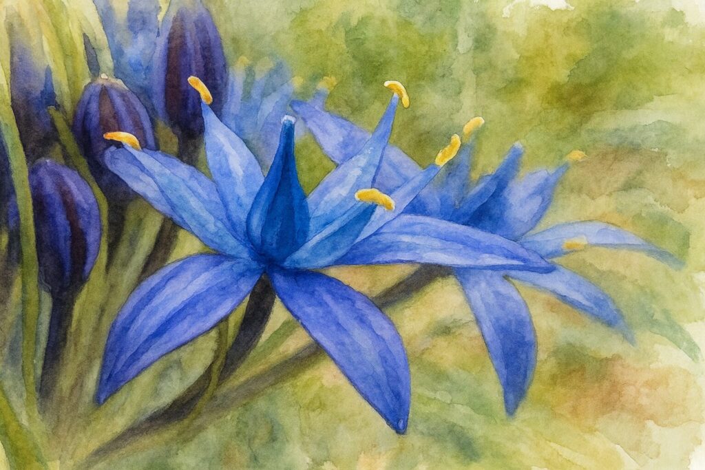 シラーペルビアナの青い花弁と黄色い葯を繊細に描いた水彩画風ボタニカルイラスト