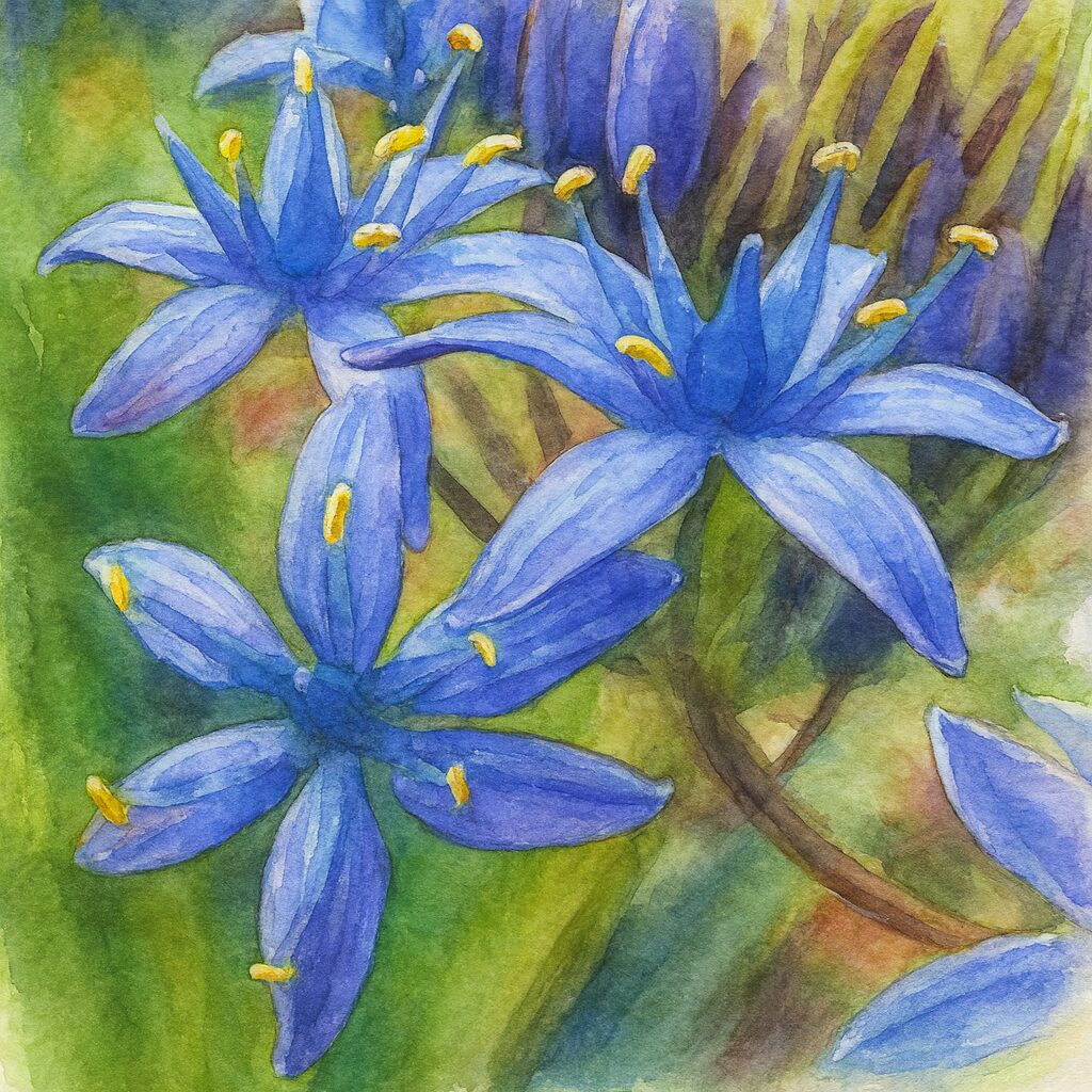 シラーペルビアナの複数の青い花と黄色い葯を柔らかな水彩タッチで描いたボタニカルイラスト