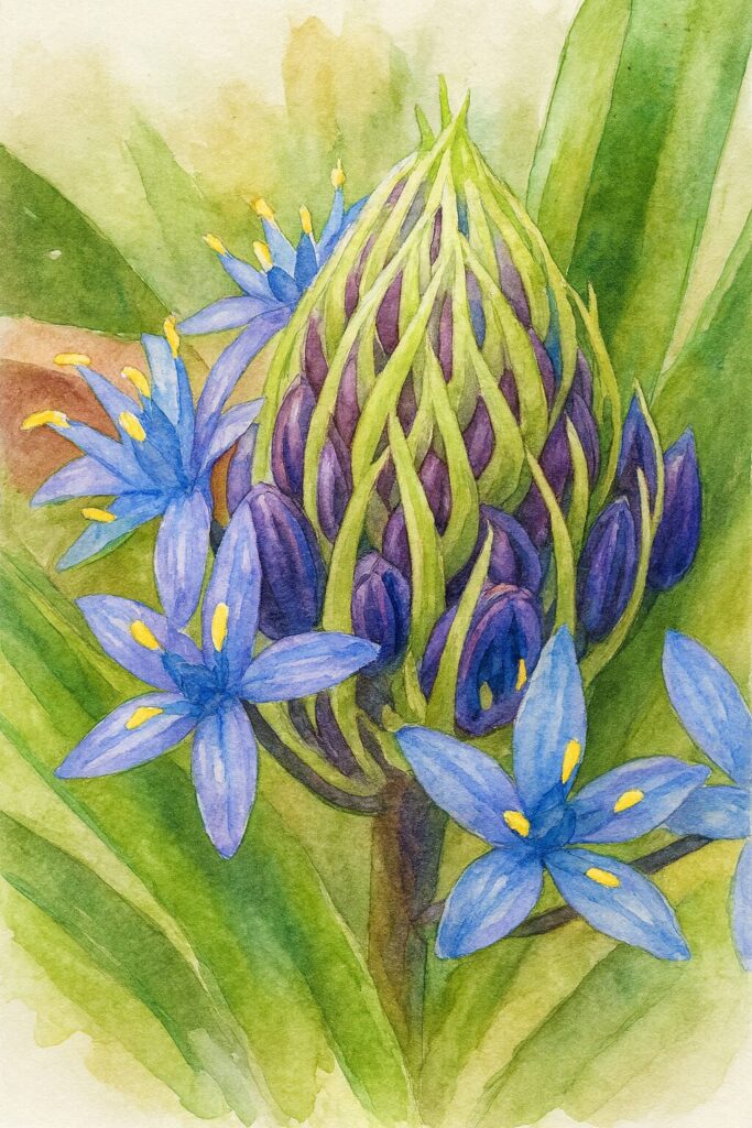 シラーペルビアナのつぼみと青い花を繊細なタッチで描いた水彩画風ボタニカルイラスト