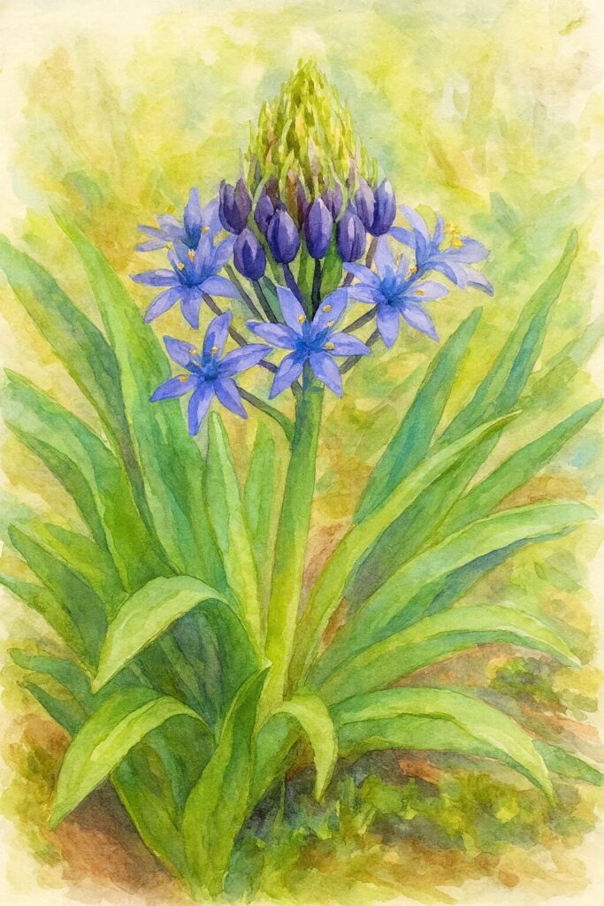 シラーペルビアナの株全体と花房を柔らかな水彩タッチで描いたボタニカルイラスト