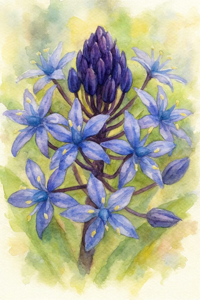 シラーペルビアナの青紫色の花房と中央のつぼみを柔らかな水彩タッチで描いたボタニカルイラスト