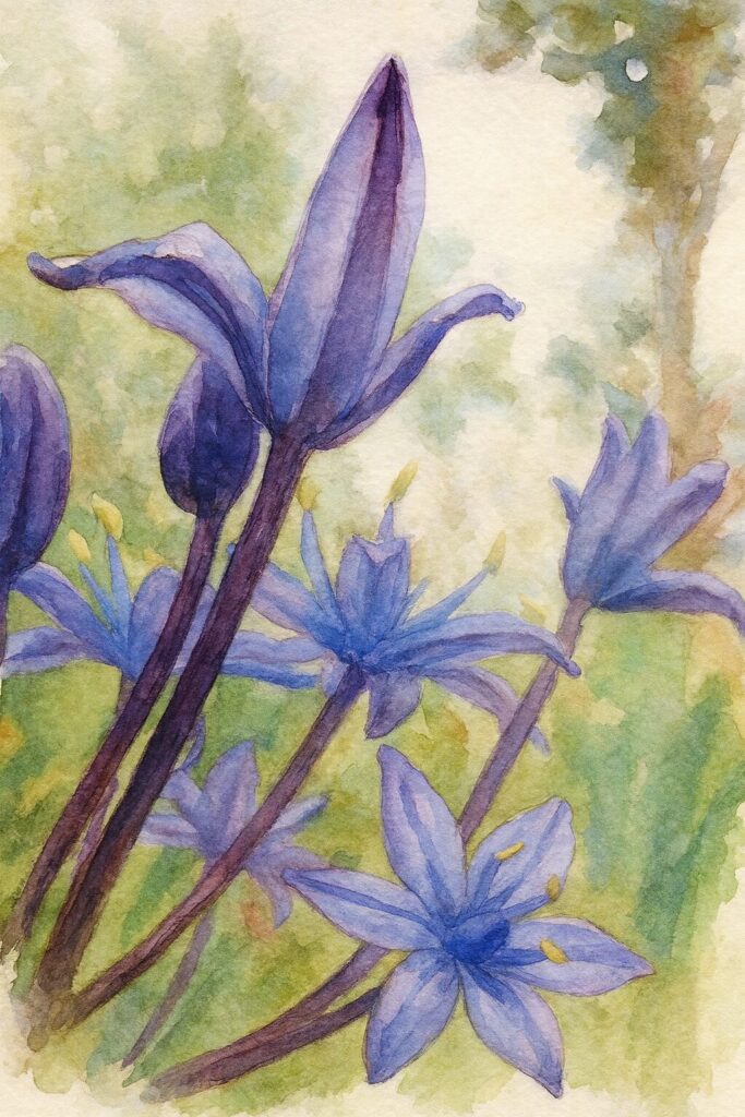 シラーペルビアナの花を横向き構図で描いた水彩画風ボタニカルイラスト