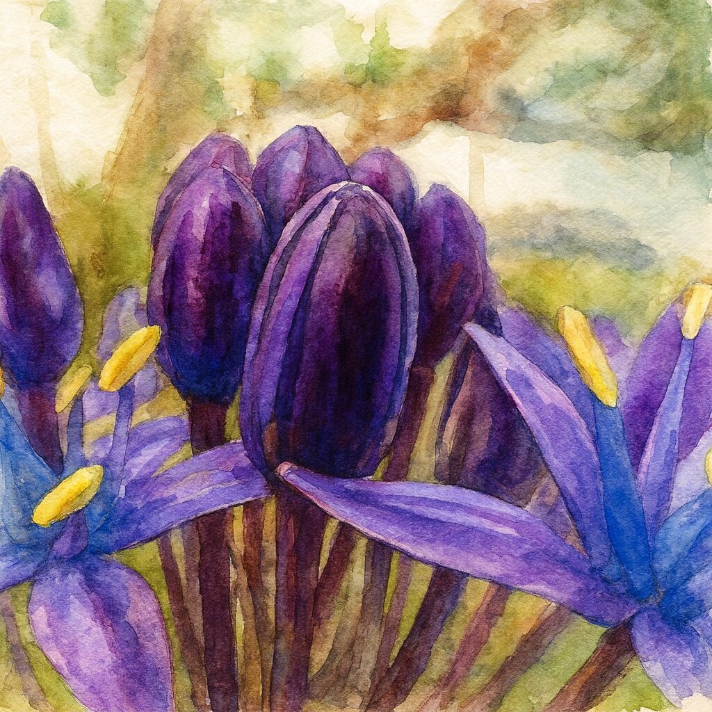 シラーペルビアナの濃紫色のつぼみ群と青い花を柔らかな水彩タッチで描いたボタニカルイラスト