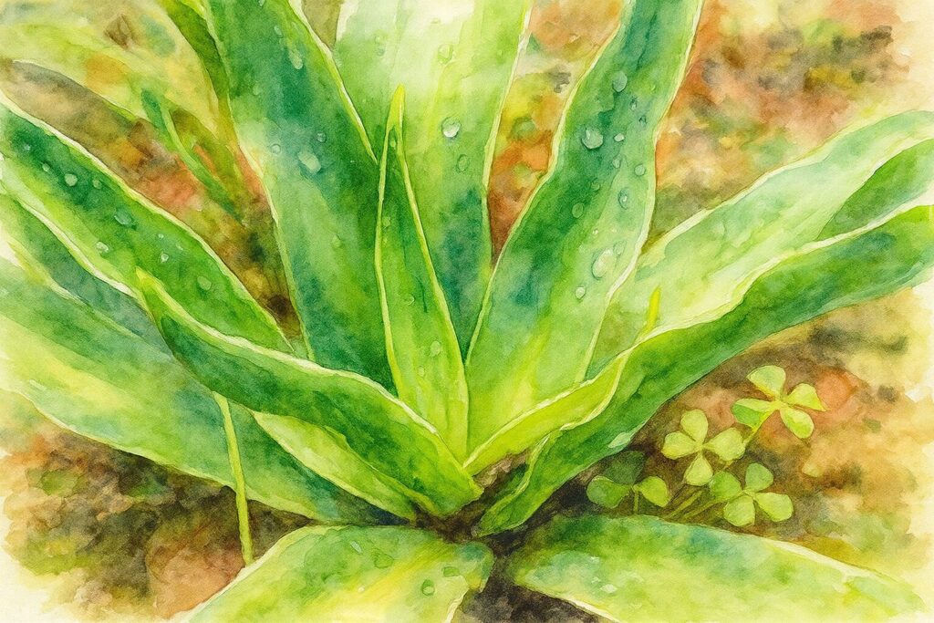 シラーペルビアナの株元の葉を瑞々しい水彩タッチで描いたボタニカルイラスト