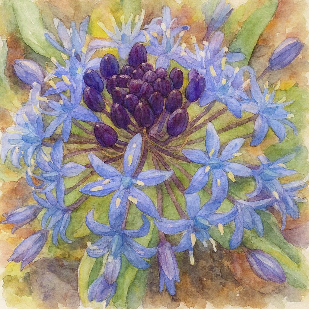 シラーペルビアナの中心のつぼみと周囲に咲く青い花を水彩タッチで描いたボタニカルイラスト