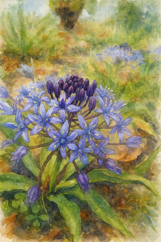 シラーペルビアナの花房と背景の群生を柔らかな水彩タッチで描いたボタニカルイラスト