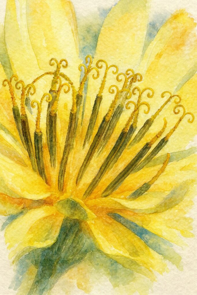 ジシバリの花の雄しべと柱頭を描いた水彩画風イラスト。黄色い花弁と繊細にカールした柱頭を柔らかな筆致で表現した作品