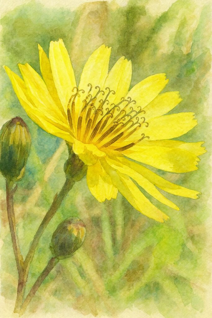 ジシバリの花を横から描いた水彩画風イラスト。黄色い花弁とカールした柱頭を柔らかな色合いで表現した植物画風の作品