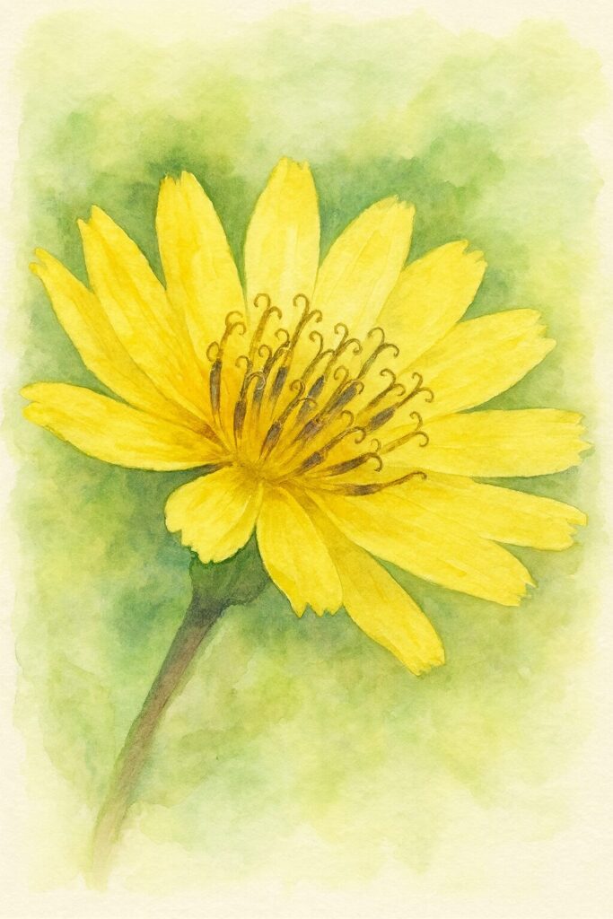 ジシバリの花を正面構図で描いた水彩画風イラスト。黄色い花弁と中心部のカールした柱頭を柔らかな筆致で表現した植物画風の作品