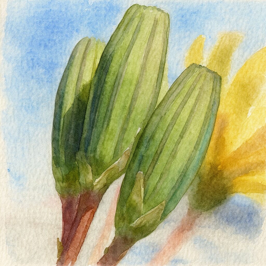 青空を背景に並ぶジシバリのつぼみを描いた水彩画風イラスト。緑のつぼみと後方ににじむ黄色い花弁を柔らかい筆致で表現した植物画風の作品