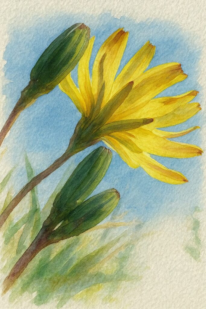 青空を背景に咲くジシバリの花とつぼみを描いた水彩画風イラスト。黄色い花弁の透け感と緑のつぼみを柔らかい筆致で表現した植物画風の作品