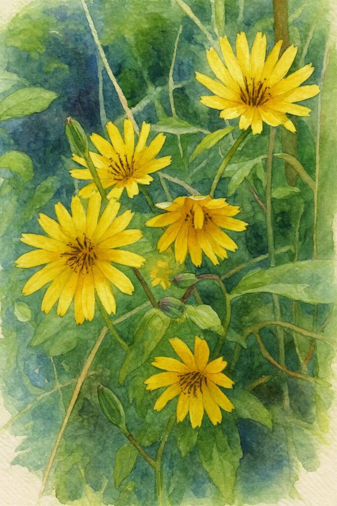 ジシバリの花が群れて咲く姿を描いた水彩画風イラスト。黄色い花弁と緑の草葉を柔らかな筆致で表現した植物画風の作品