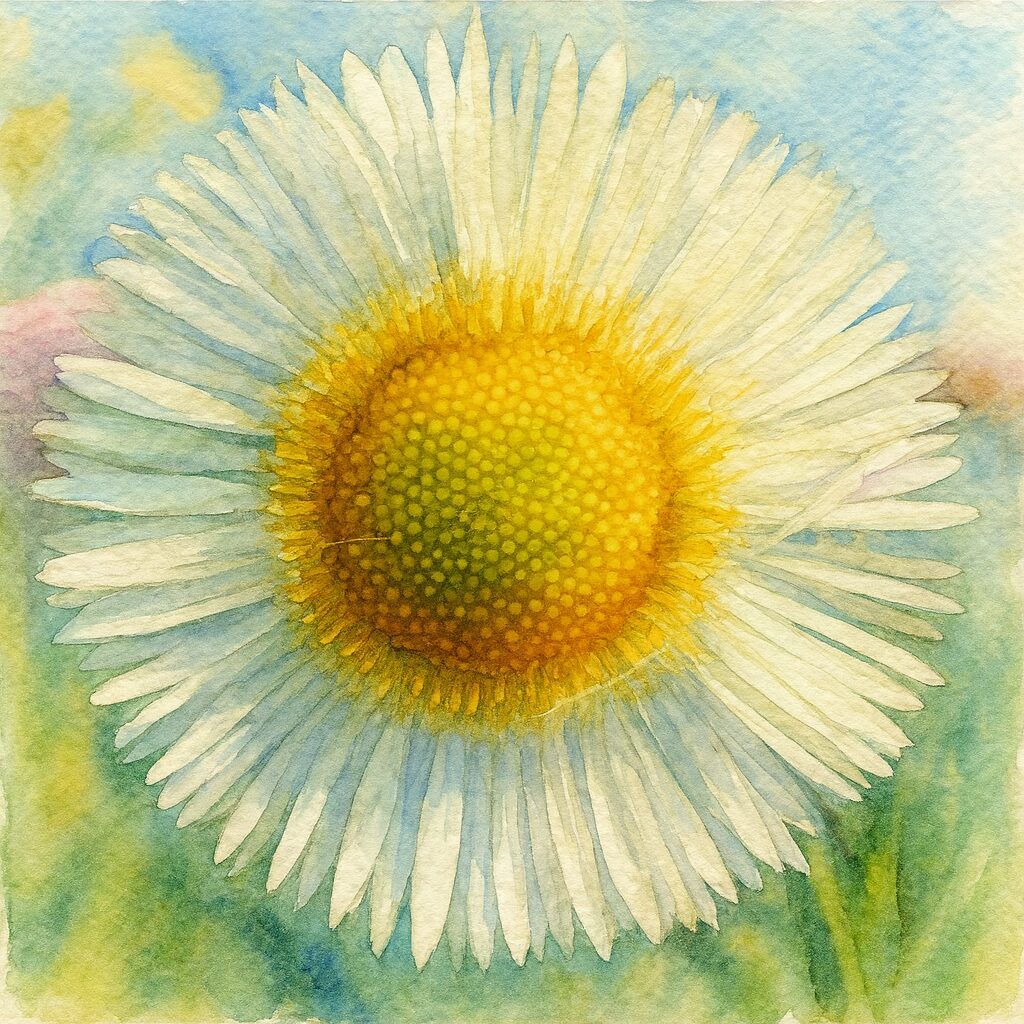 ハルジオンの花を水彩画風に描いたイラスト|鮮やかな黄色の花芯と白い繊細な花弁を柔らかなタッチで表現した植物画