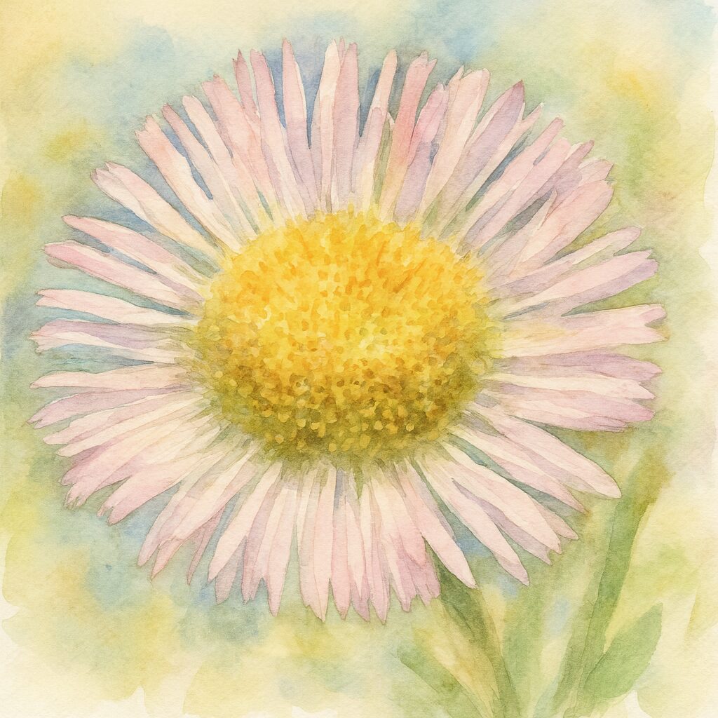 ハルジオンの花を水彩画風に描いたイラスト|ピンクがかった繊細な花弁と黄色の花芯を柔らかいタッチで表現した植物画