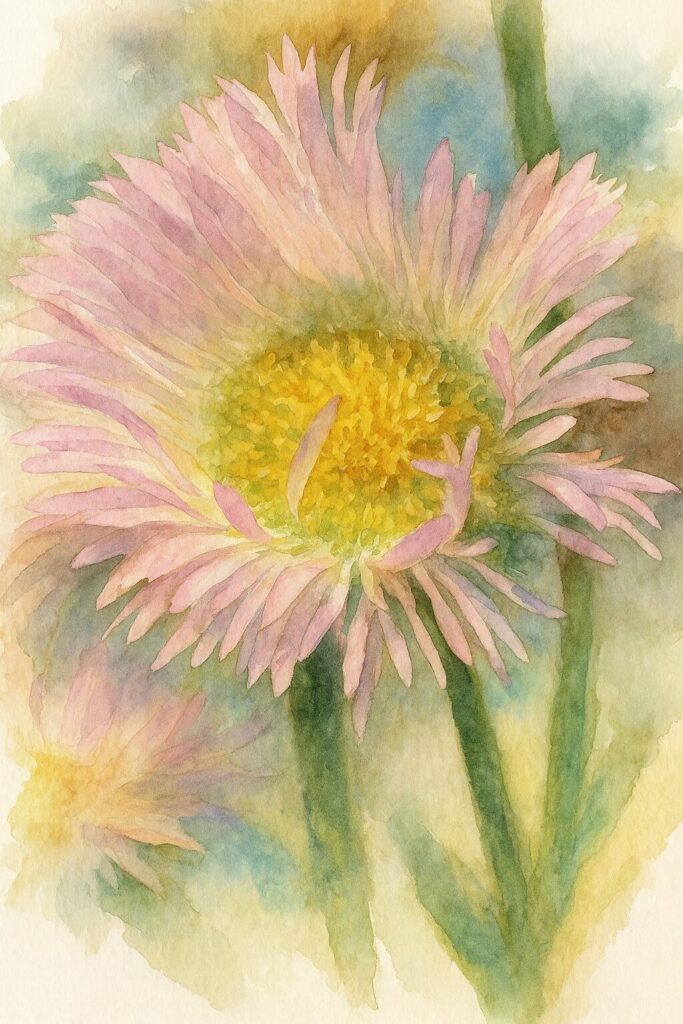 ハルジオンの花を水彩画風に描いたイラスト|柔らかなピンク色の花弁と黄色の中心部を繊細なタッチで表現した植物画