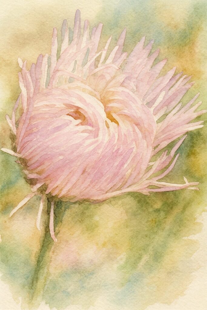 ハルジオンの蕾を水彩画風に描いたイラスト|柔らかなピンクの花弁が重なる姿を繊細なタッチで表現した植物画