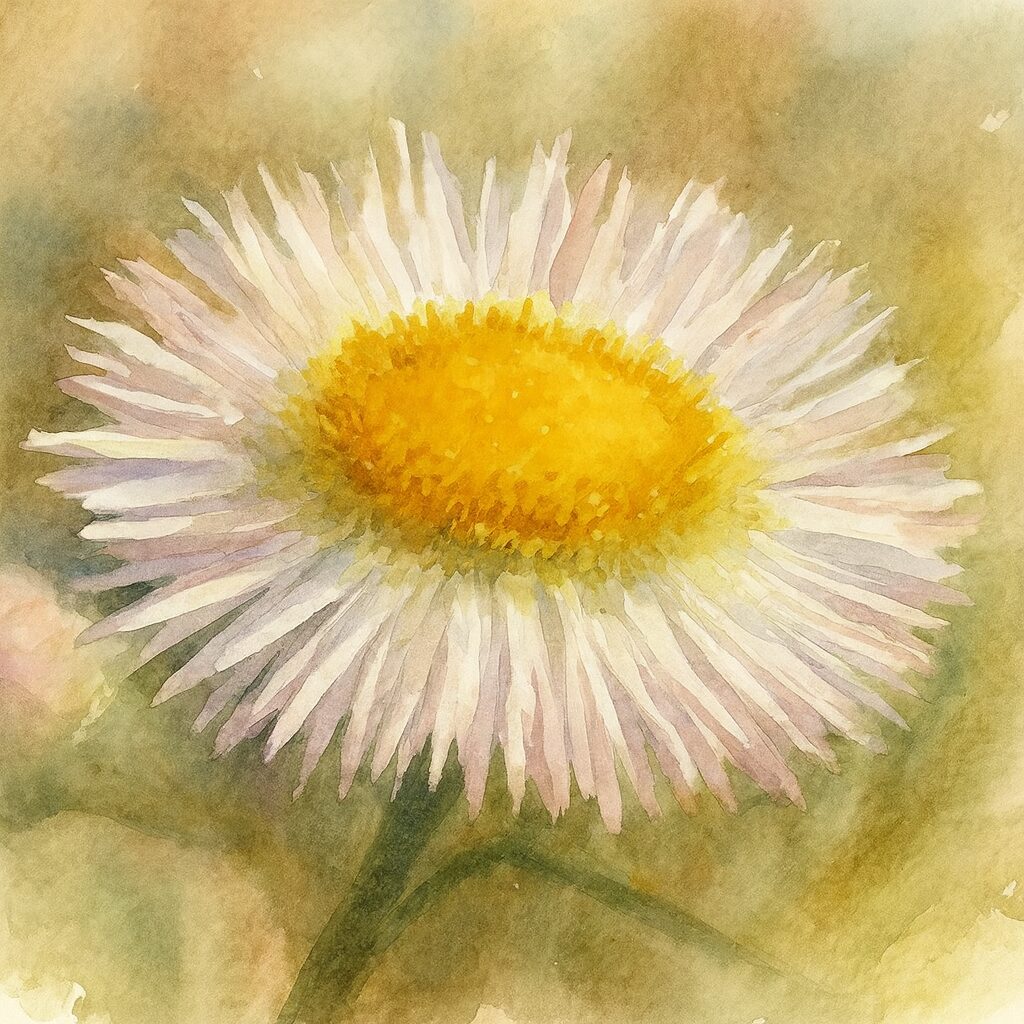 ハルジオンの花を水彩画風に描いたイラスト|黄色い中心部と繊細な白〜薄ピンクの花弁を柔らかいタッチで表現した植物画