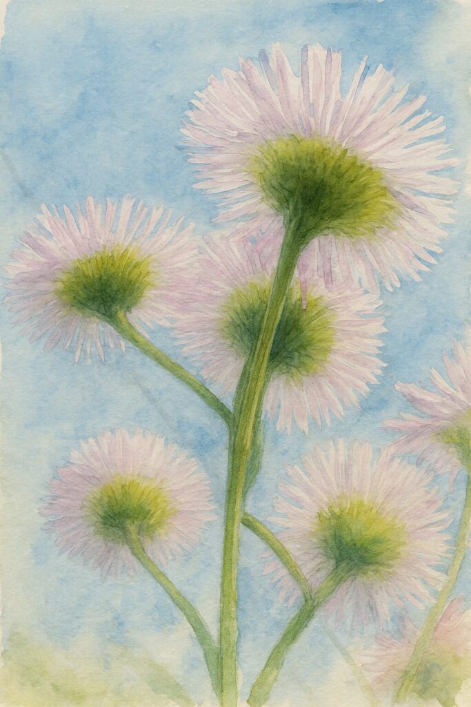 青空を背景に下から見上げたハルジオンを水彩画風に描いたイラスト|柔らかなピンクの花弁と緑の花托を繊細なタッチで表現した植物画