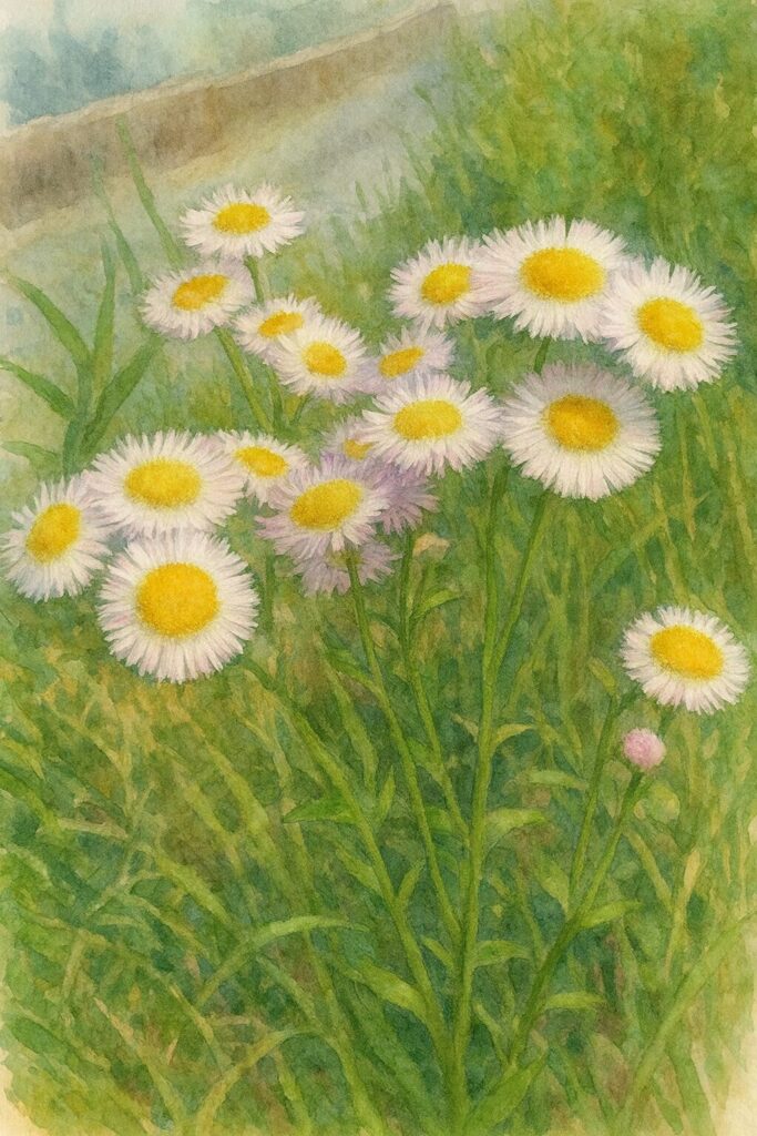 道端に群生するハルジオンを水彩画風に描いたイラスト|柔らかなピンクの花弁と黄色の中心部をやわらかいタッチで表現した植物画