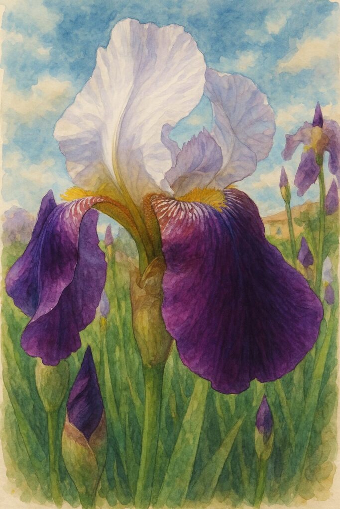 青空を背景に咲く紫と白のジャーマンアイリスの水彩画風イラスト