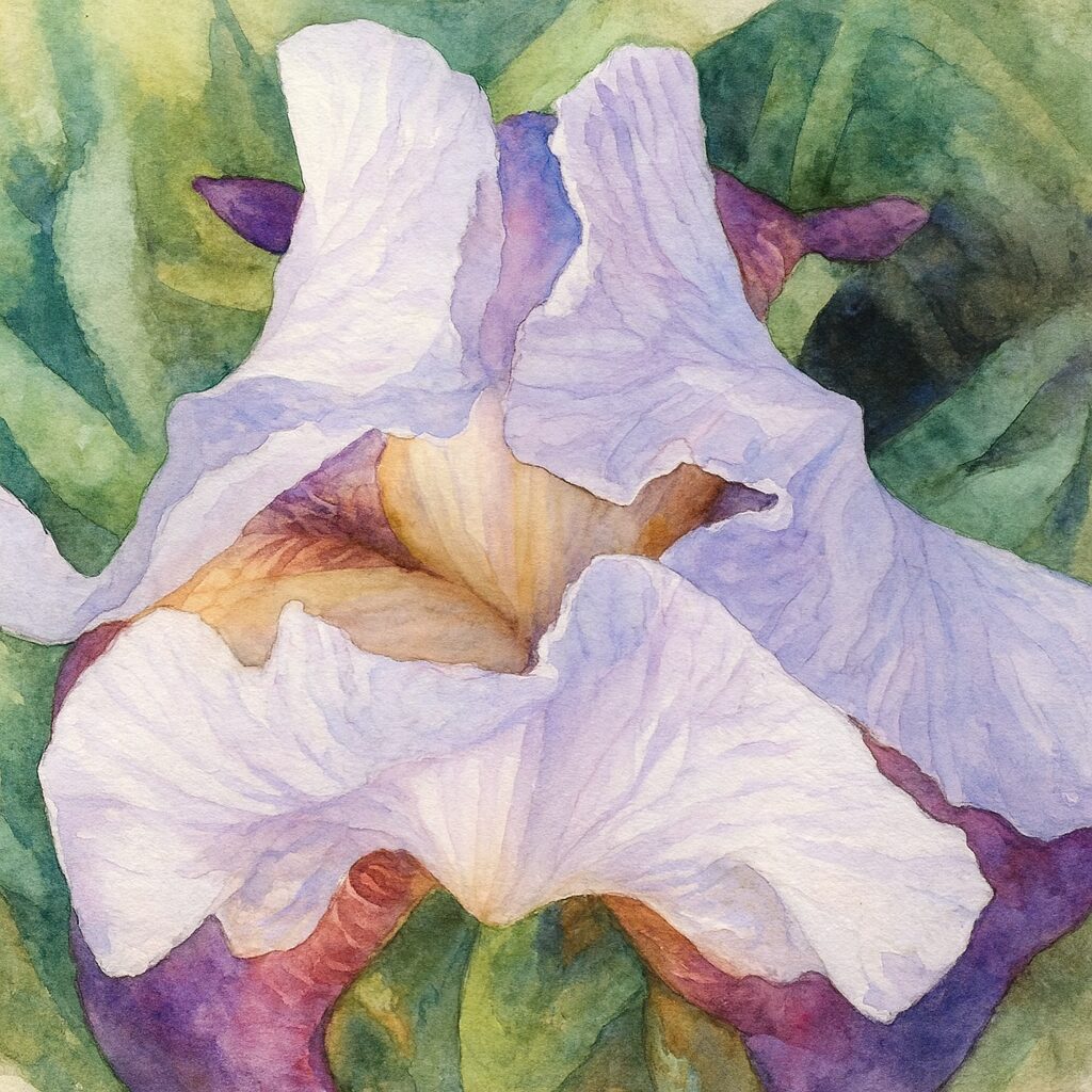 淡い紫の花弁が波打つジャーマンアイリスを描いた水彩画風イラスト