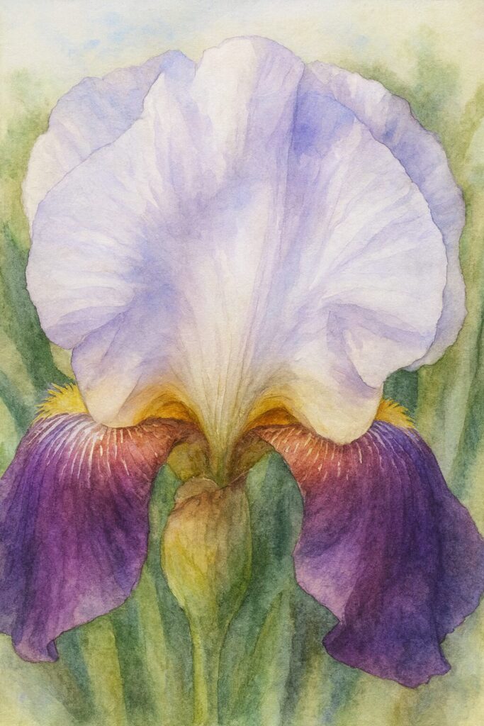 淡い紫色の上弁が広がるジャーマンアイリスを描いた水彩画風イラストの正面構図
