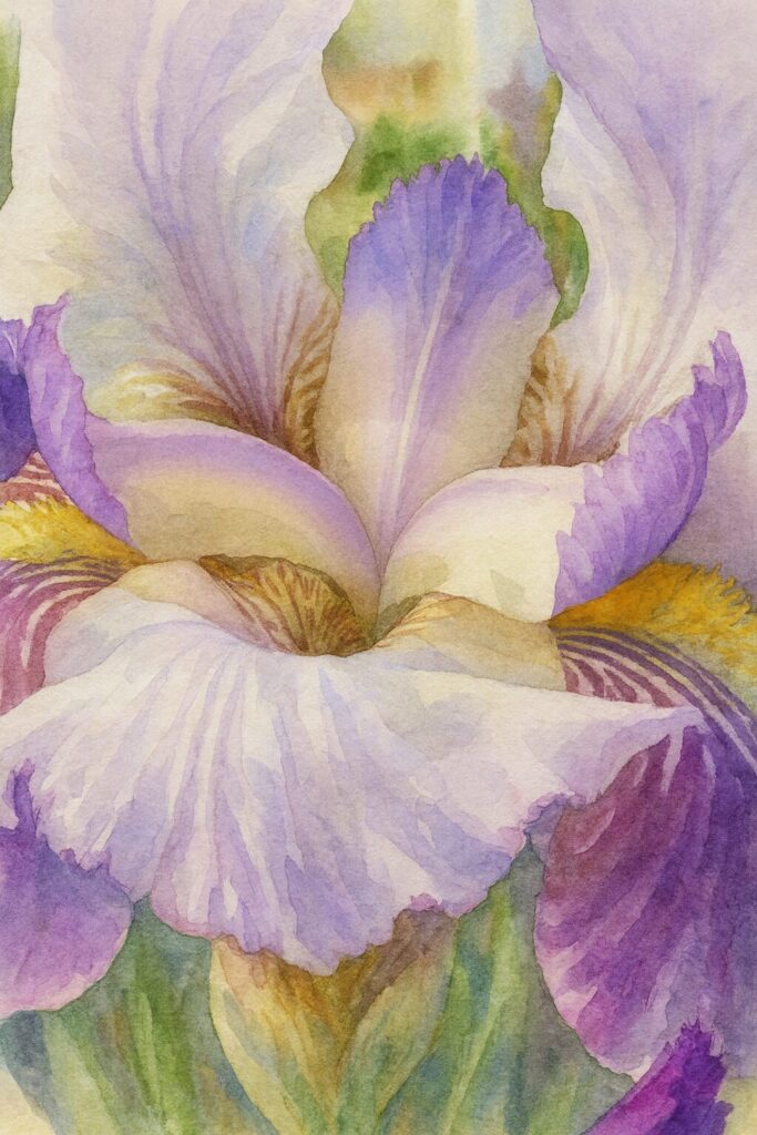 淡い紫の花弁と複雑な模様を柔らかなタッチで描いたジャーマンアイリスの水彩画風イラスト