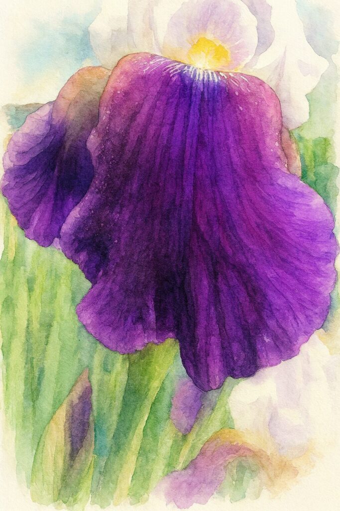 深い紫色の大きな花弁を柔らかなタッチで描いたジャーマンアイリスの水彩画風イラスト