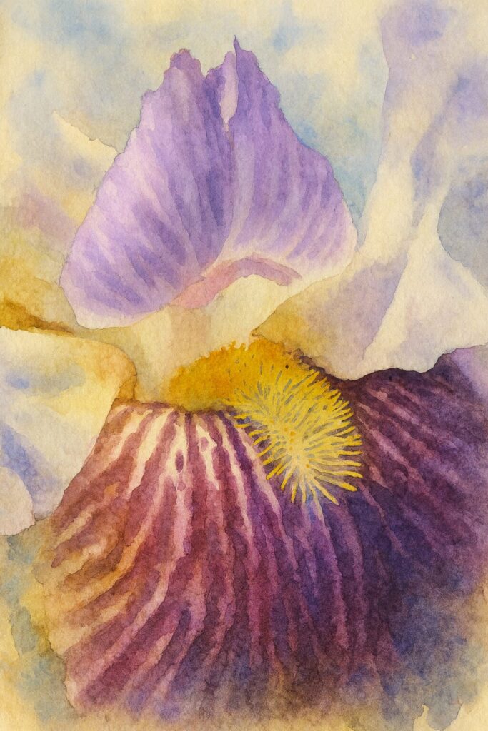 淡い紫の花弁と黄色いひげを柔らかなタッチで描いたジャーマンアイリスの水彩画風イラスト