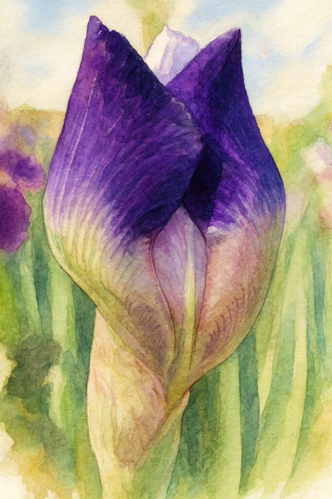 紫の蕾がふくらむジャーマンアイリスを柔らかなタッチで描いた水彩画風イラスト