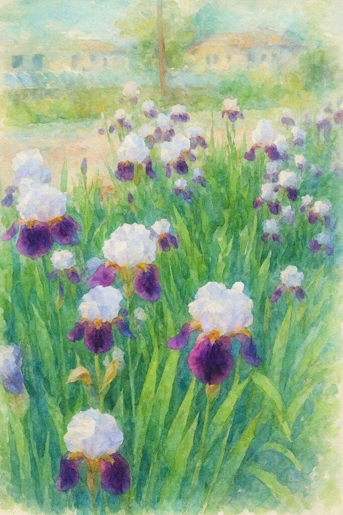 白と紫のジャーマンアイリスが咲き揃う庭を柔らかいタッチで描いた水彩画風イラスト