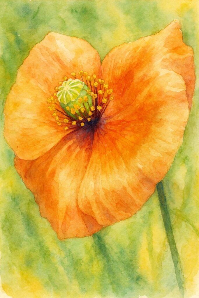 ナガミヒナゲシを写真構図で描いた水彩画風イラスト｜橙色の花びらと緑の子房が美しく表現された野草アート