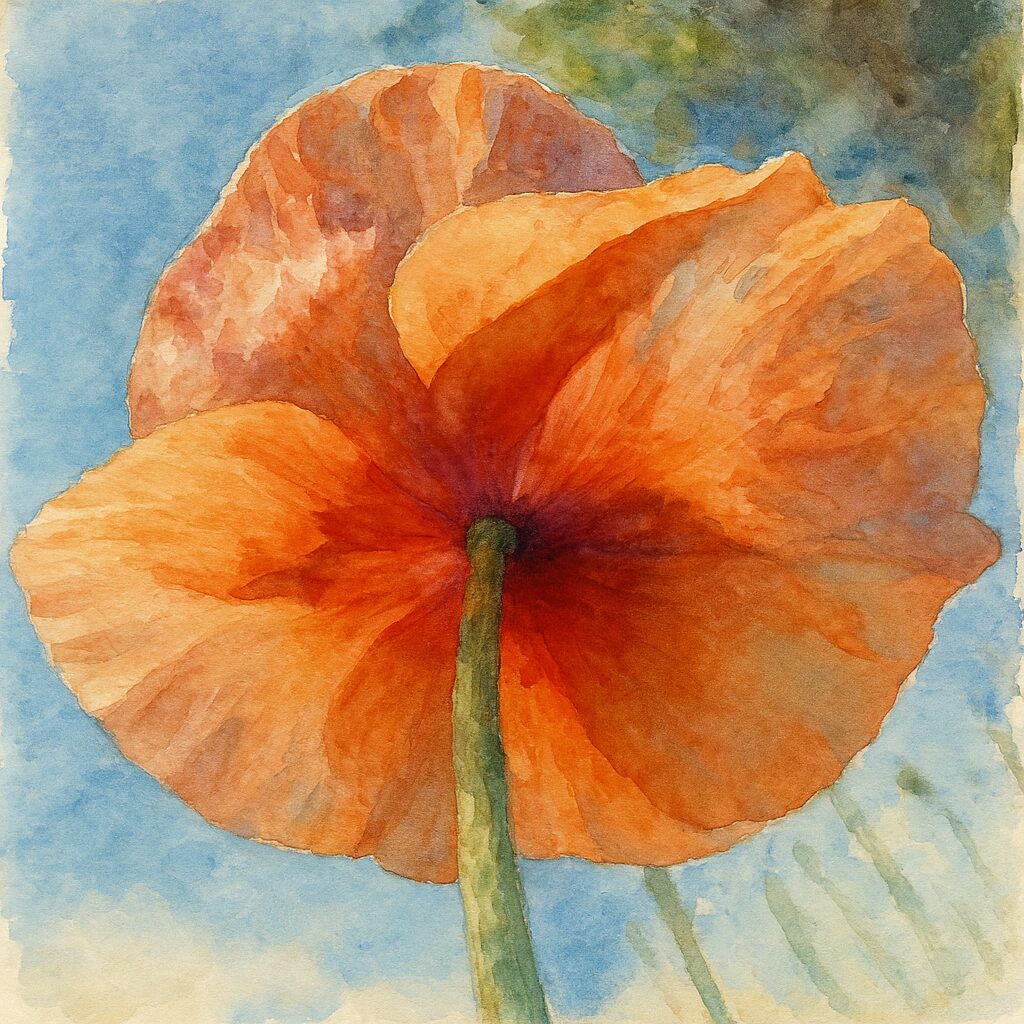 青空を背景に下から見上げたナガミヒナゲシを描いた水彩画風イラスト｜橙色の花びらが柔らかく発色する野草アート