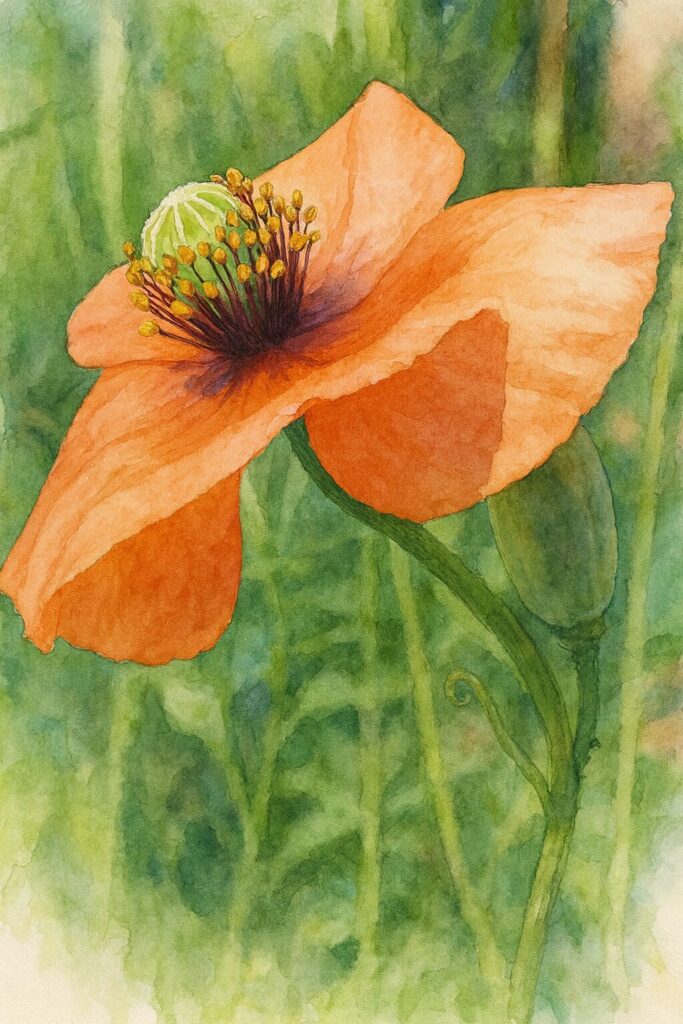 ナガミヒナゲシを横から描いた水彩画風イラスト｜オレンジの花びらと緑の子房が柔らかく表現された野草アート