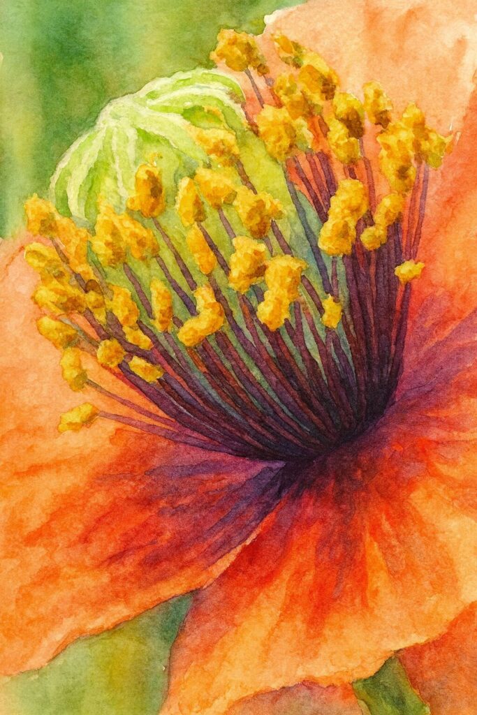 ナガミヒナゲシの花の中心部を描いた水彩画風イラスト｜緑の子房と黄色い花粉をつけた雄しべが繊細に表現されたマクロアート