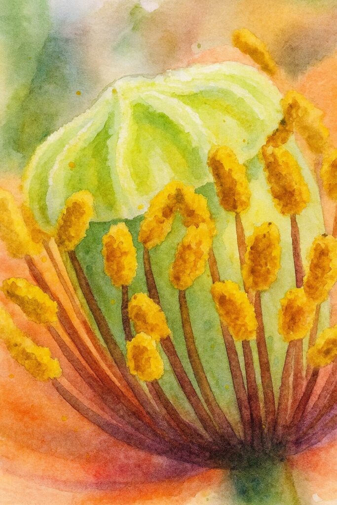 ナガミヒナゲシの花の中心部を描いた水彩画風イラスト｜緑の子房冠と花粉をまとった雄しべが繊細に表現されたマクロアート