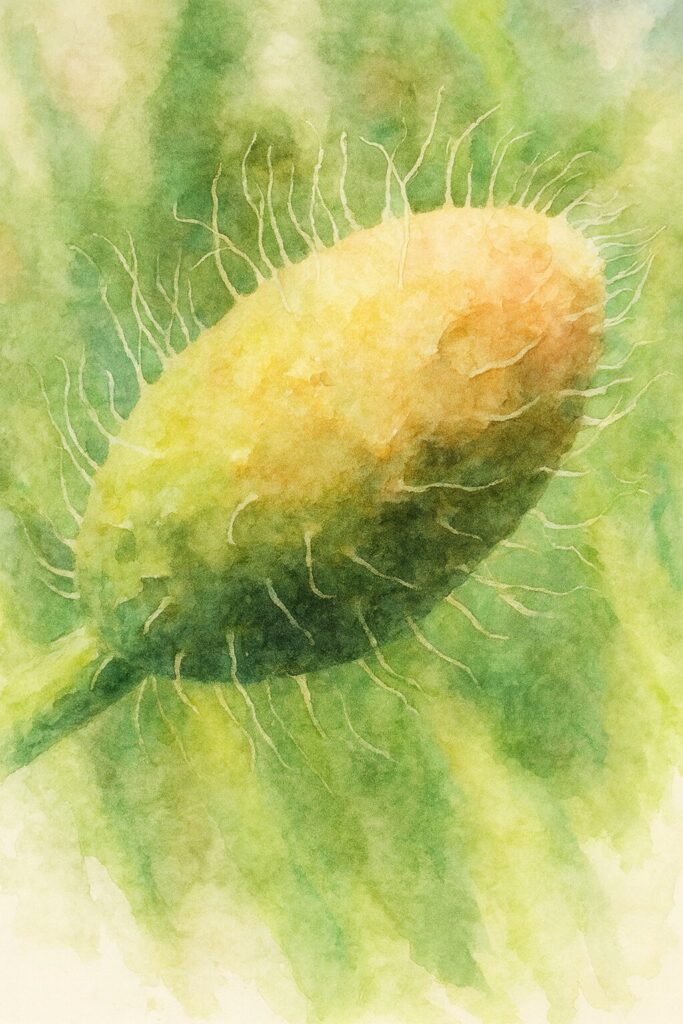 ナガミヒナゲシのつぼみを描いた水彩画風イラスト｜細い毛が目立つ黄緑色のつぼみが柔らかく表現された植物アート