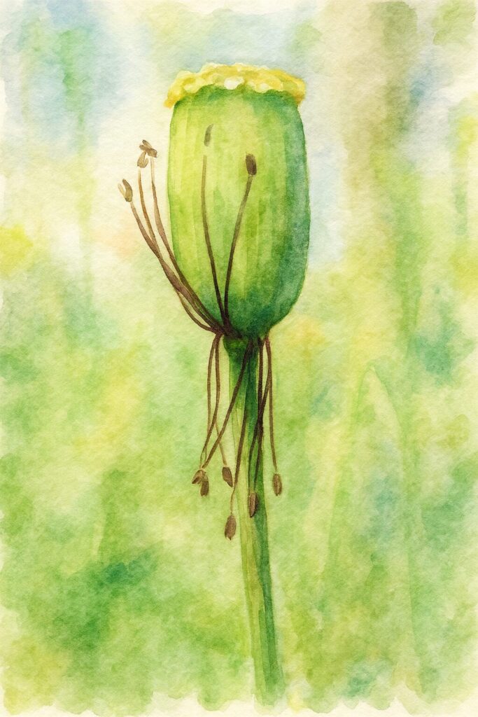ナガミヒナゲシの果実（花後の子房）を描いた水彩画風イラスト｜緑の子房と垂れ下がる雄しべが柔らかい筆致で表現された植物画