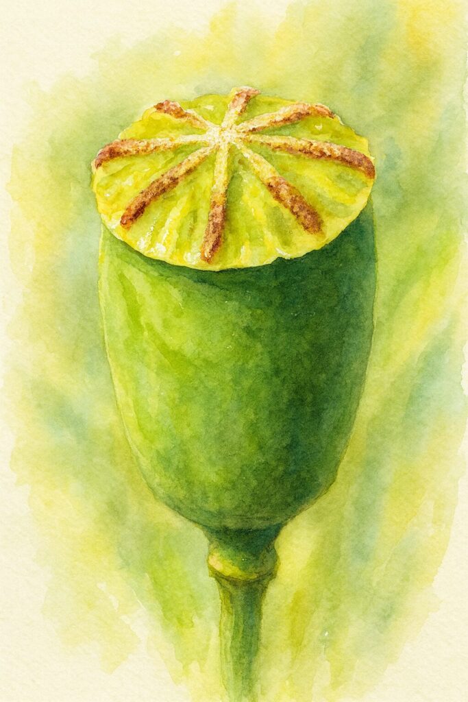 ナガミヒナゲシの蒴果（子房）を描いた水彩画風イラスト｜星形の花盤と緑の果実が柔らかい筆致で表現された植物画