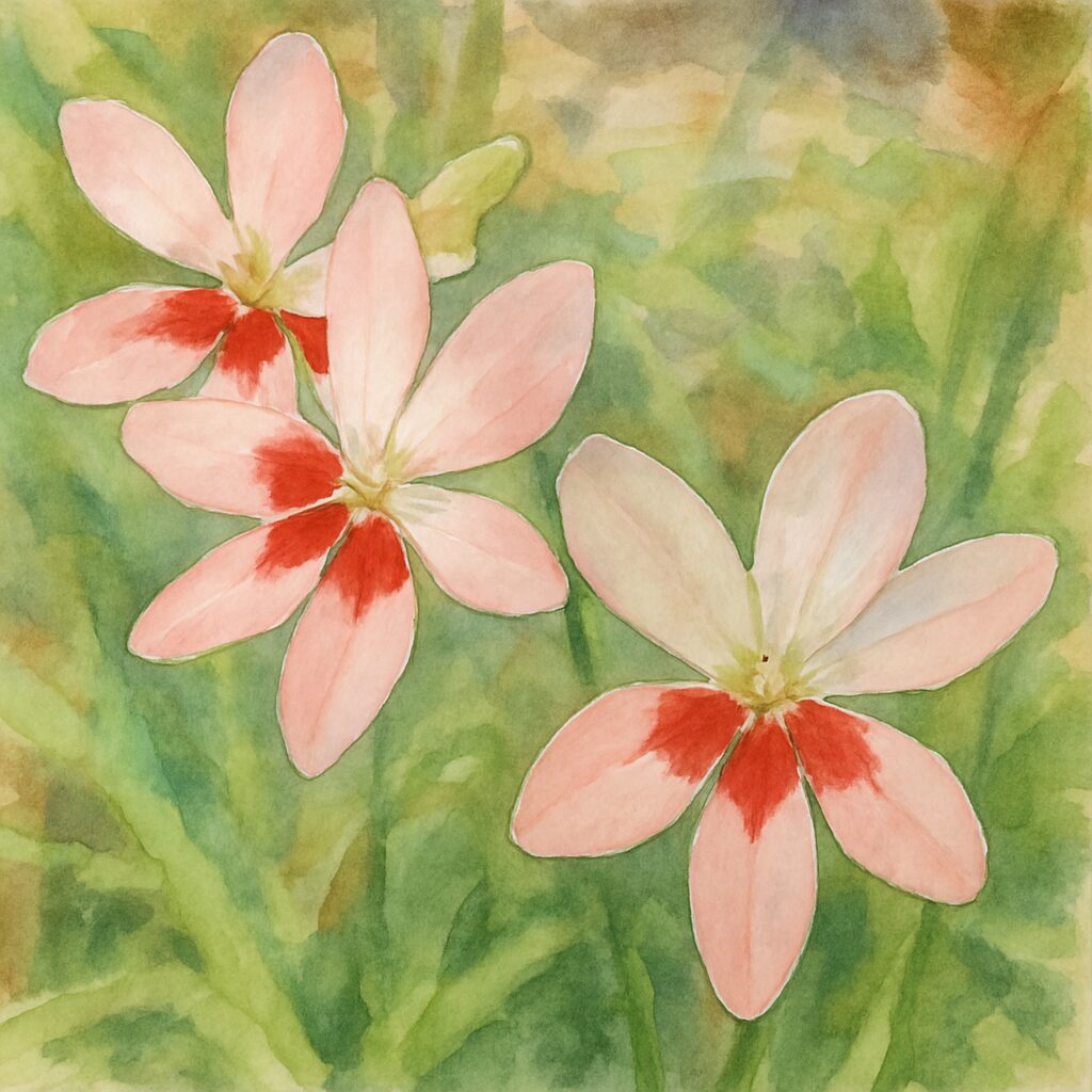 ヒメヒオウギの淡いピンク色の花を水彩画風に描いたイラスト。花びらの根元に入る赤い模様を柔らかな質感で表現し、緑の背景が優しい雰囲気を演出している