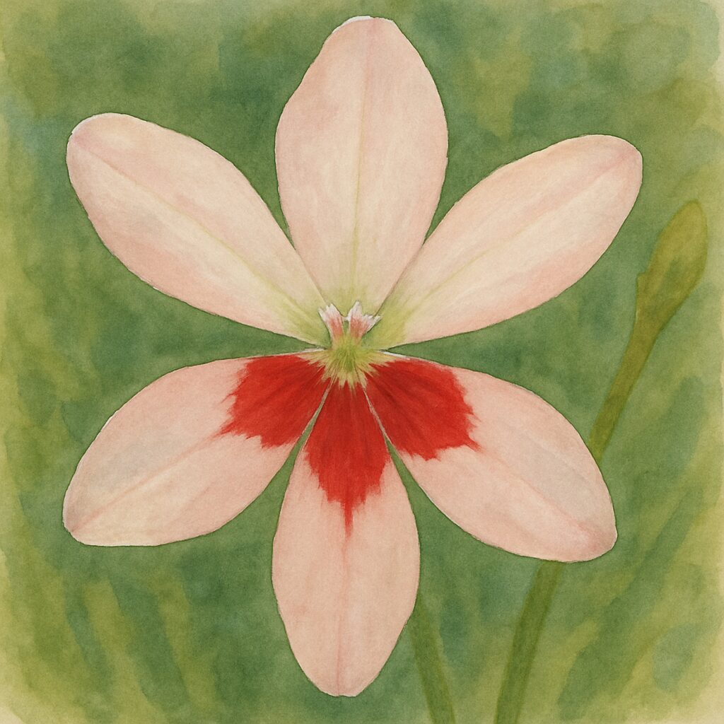 ヒメヒオウギの淡いピンク花弁と赤い斑点を柔らかなタッチで描いた水彩画風イラスト