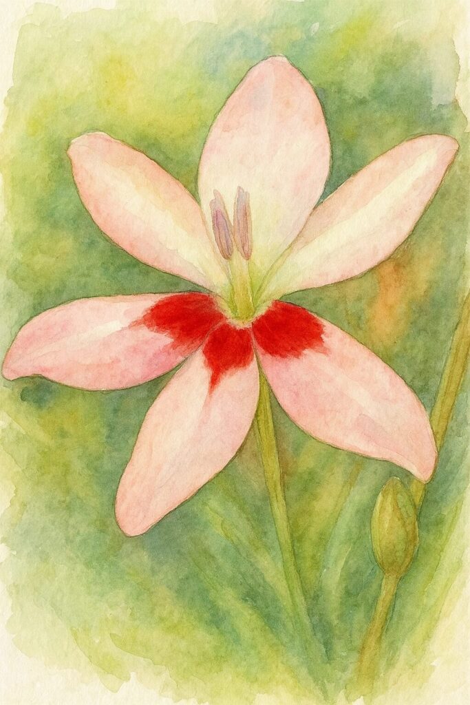 ヒメヒオウギの淡いピンク色の花を水彩画風に描いたイラスト。花びらの根元に入る鮮やかな赤い模様を柔らかな筆致で表現し、ぼかした緑の背景が花を引き立てている
