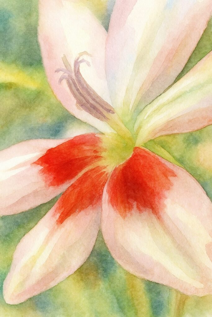 ヒメヒオウギの花を超接写構図で描いた水彩画風イラスト。淡いピンクの花びらと根元の赤い模様を柔らかな筆致で再現し、中央の繊細な花芯を優しいタッチで表現している