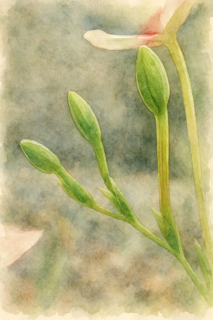 ヒメヒオウギの緑色のつぼみをやわらかな筆致で描いた水彩画風イラスト。大小3つのつぼみの形と淡い背景の花を柔らかく表現し、自然な雰囲気を演出している