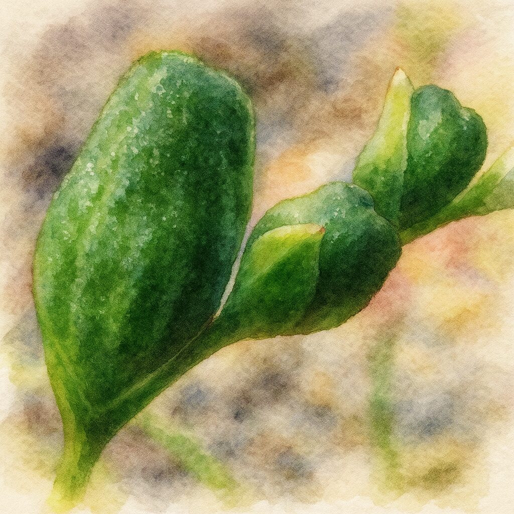 ヒメヒオウギの緑色のつぼみを水彩画風に描いたイラスト。細かな質感のある2つのつぼみを柔らかな筆致で表現し、淡い砂利色の背景が優しくにじむ