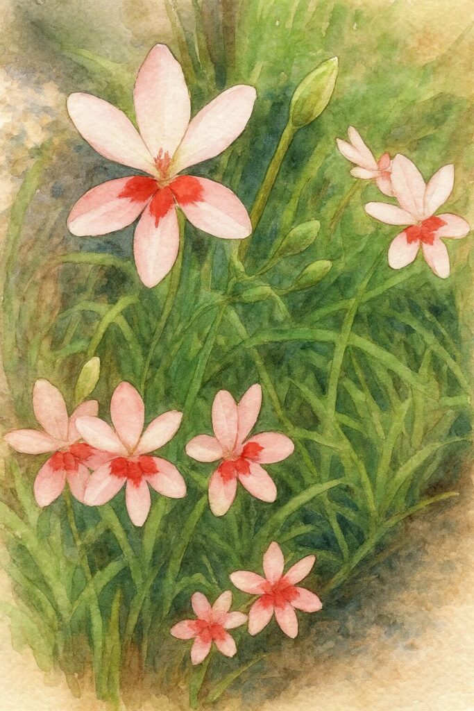 ヒメヒオウギの淡いピンク色の花を群生風景として描いた水彩画イラスト。中央の大きな花と周囲の小花、つぼみを柔らかな筆致で表現し、緑の葉が優しく広がる構図
