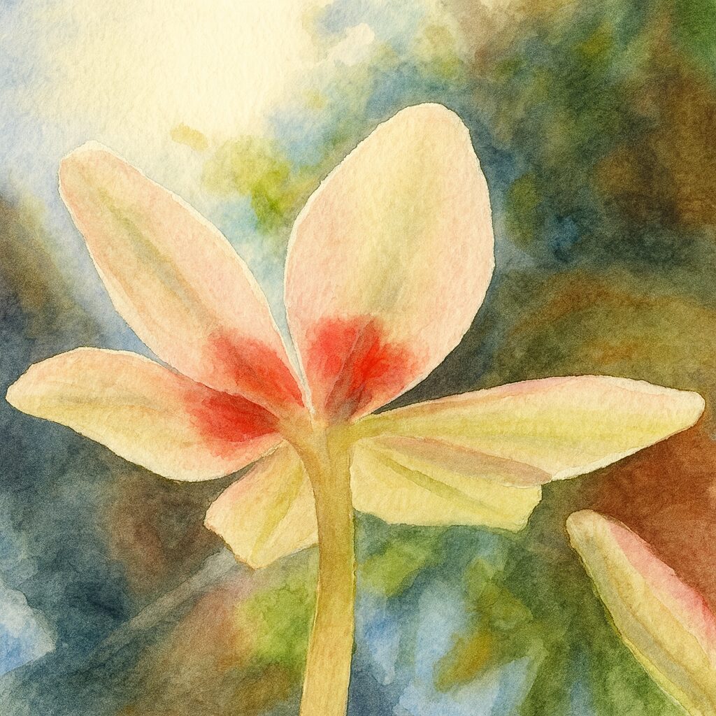 逆光に透けるヒメヒオウギの花を下から描いた水彩画風イラスト。淡い花びらと中心の赤い模様が柔らかな筆致で表現され、背景の光が滲むように広がる
