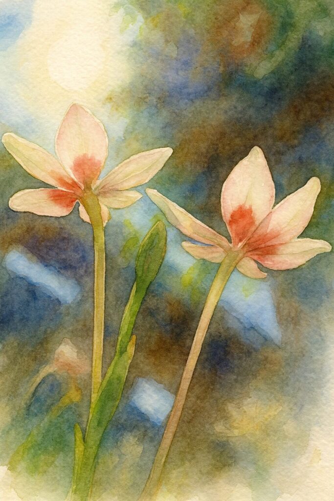 逆光に透けるヒメヒオウギの花を2輪、下から見上げる構図で描いた水彩画風イラスト。淡い花びらと中央の赤い模様を柔らかいタッチで表現し、背景の光がにじむように広がる