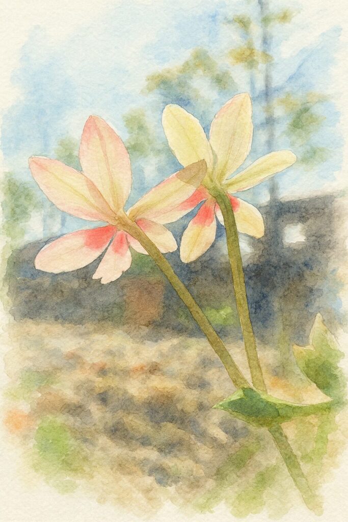 青空を背景に2輪のヒメヒオウギを下から見上げる構図で描いた水彩画風イラスト。淡い花びらと赤い模様を柔らかい筆致で表現し、背景の空と樹木がにじむように描かれる